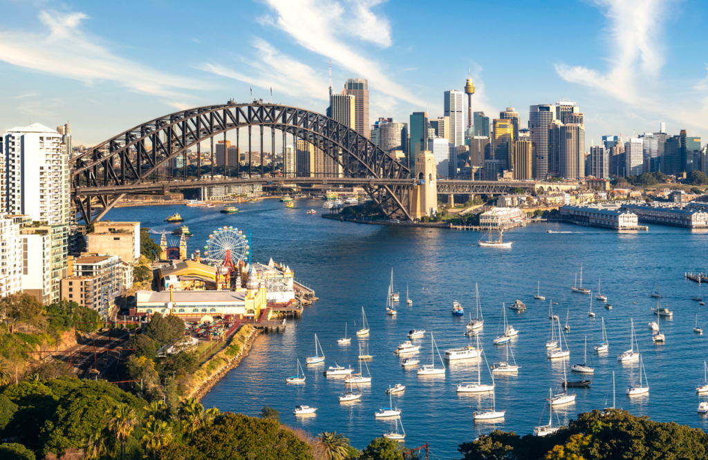 Sydney Harbour Bridge and city skyline with iconic landmarks and waterfront buildings.