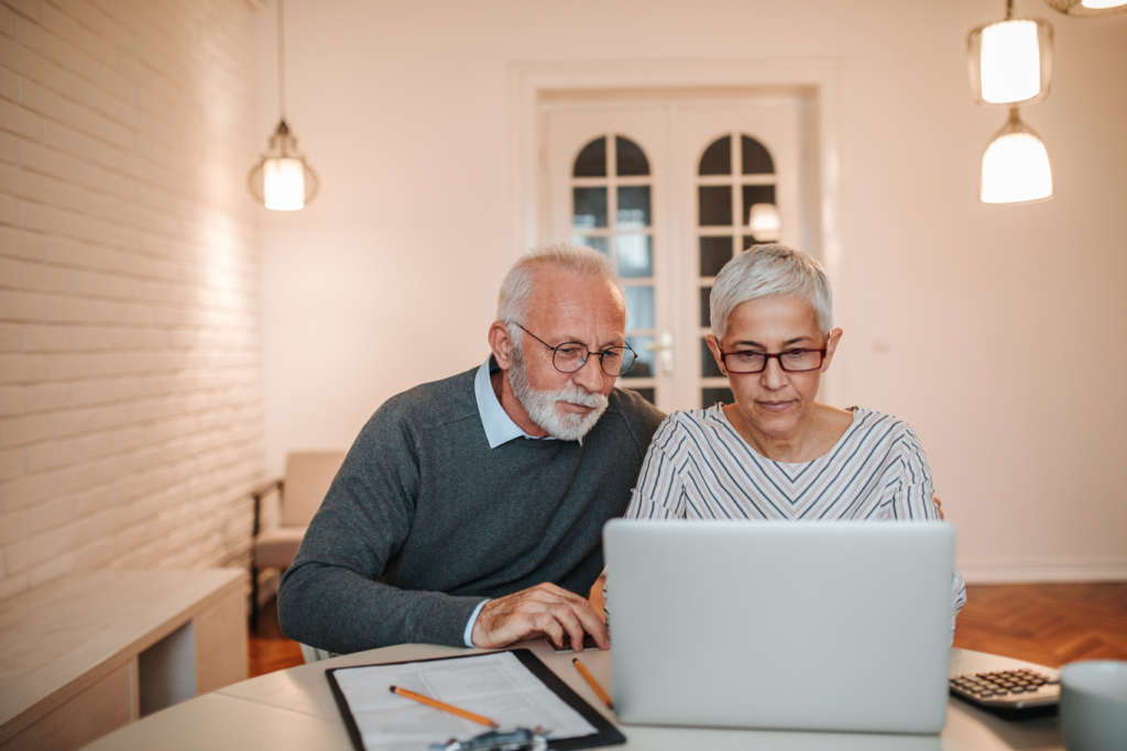 Elderly couple working on computer in their home living room