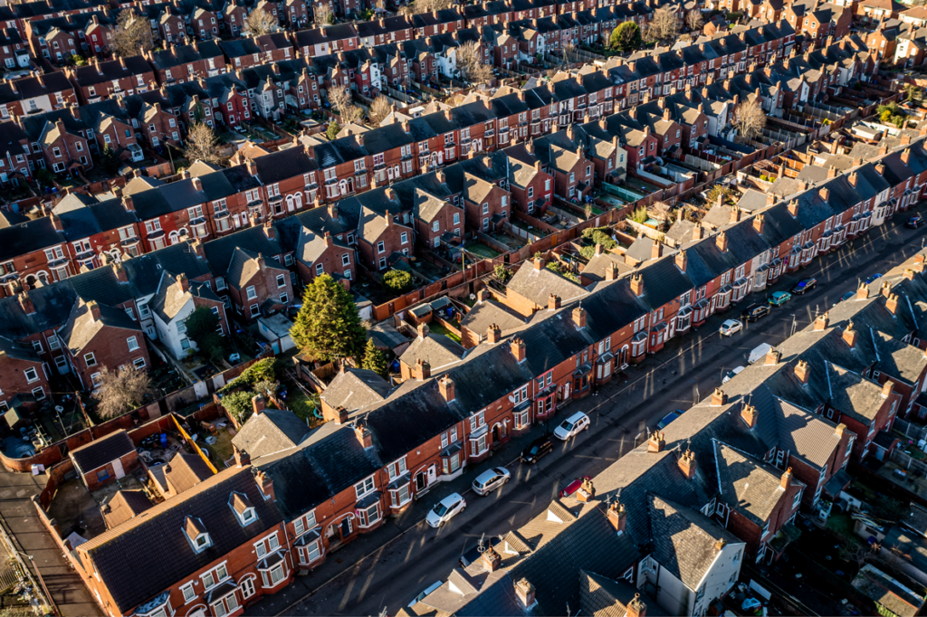 Aerial view of street of houses in the United Kingdom