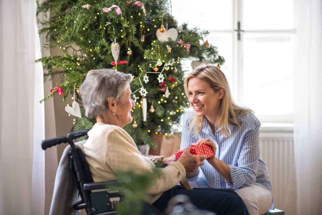 A woman in a wheelchair presents a gift to an elderly woman, showing love and care.